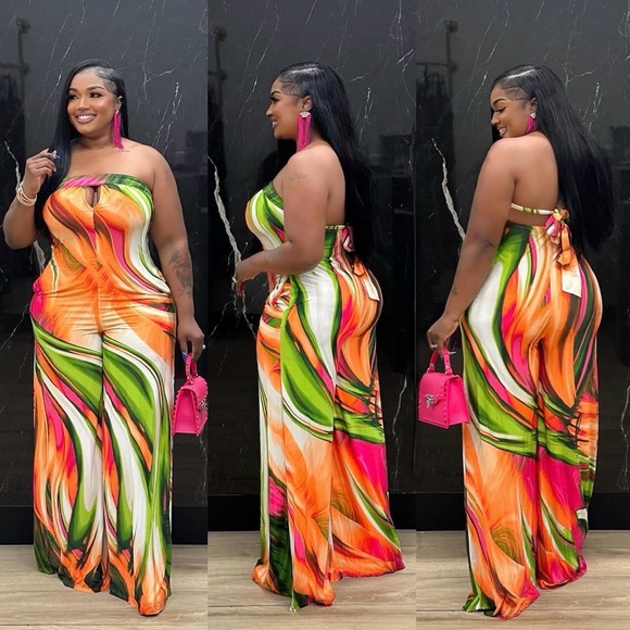 Pants - Strapless Tropical Print Jumpsuit - Orange & Green